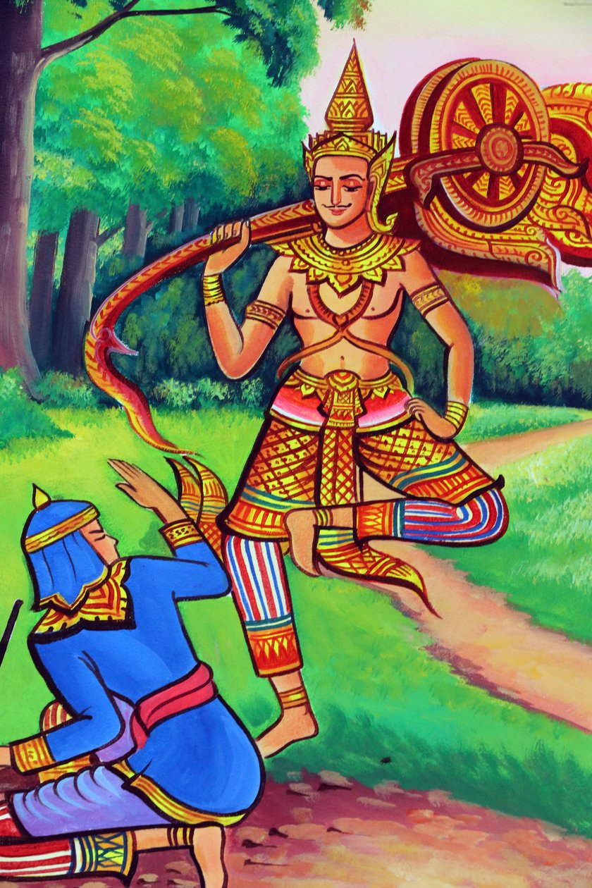 Wat Si Muang boeddhistische tempel. Schilderij dat het levensverhaal van Shakyamuni Boeddha uitbeeldt door Unbekannt