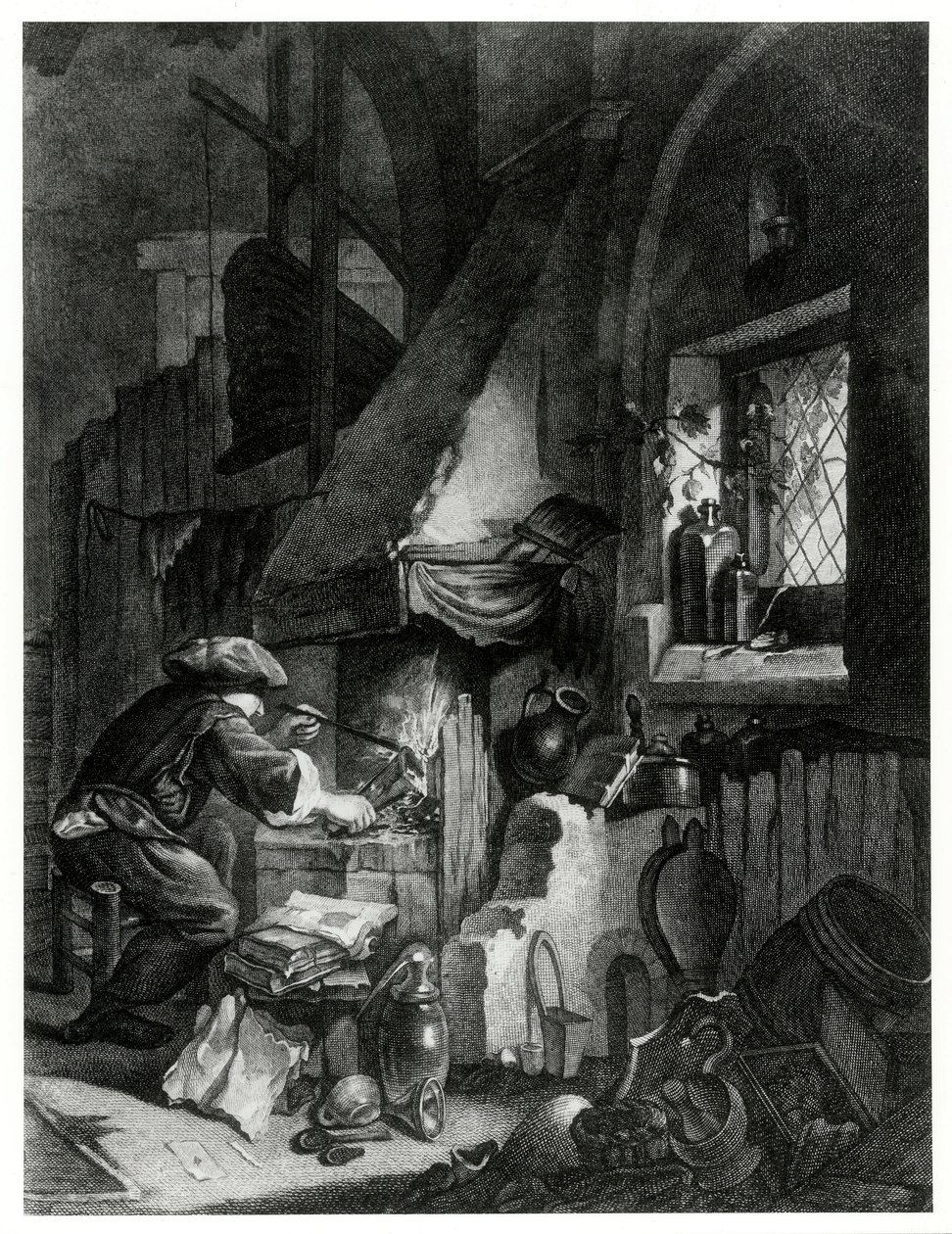 De chemicus aan het werk, een gravure die een alchemist aan het werk toont door Unbekannt