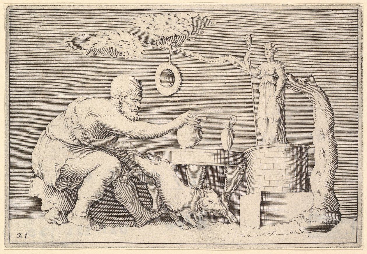 Een faun of sater die een varken voorbereidt voor offer, gepubliceerd ca. 1599-1622 door Unbekannt