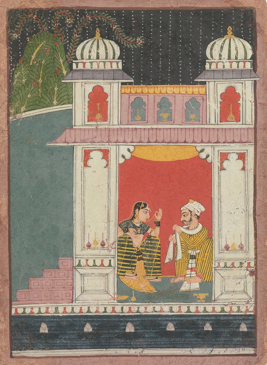 Een heldin en haar minnaar in een paviljoen: Blad uit een verspreide Nayikabheda, ca. 1660-80 door Unbekannt
