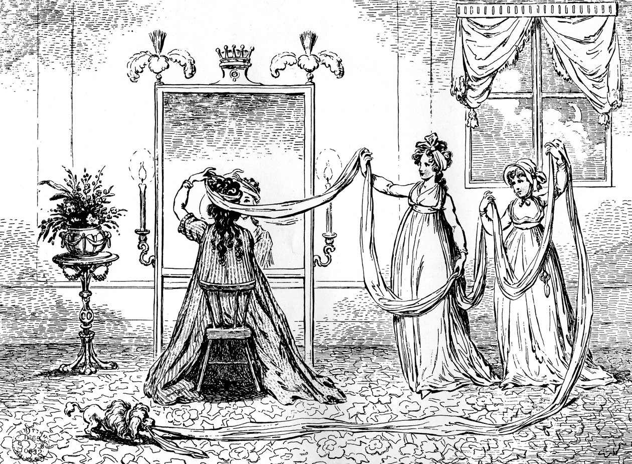 Een dame die haar hoed opzet, juni 1795 door Unbekannt