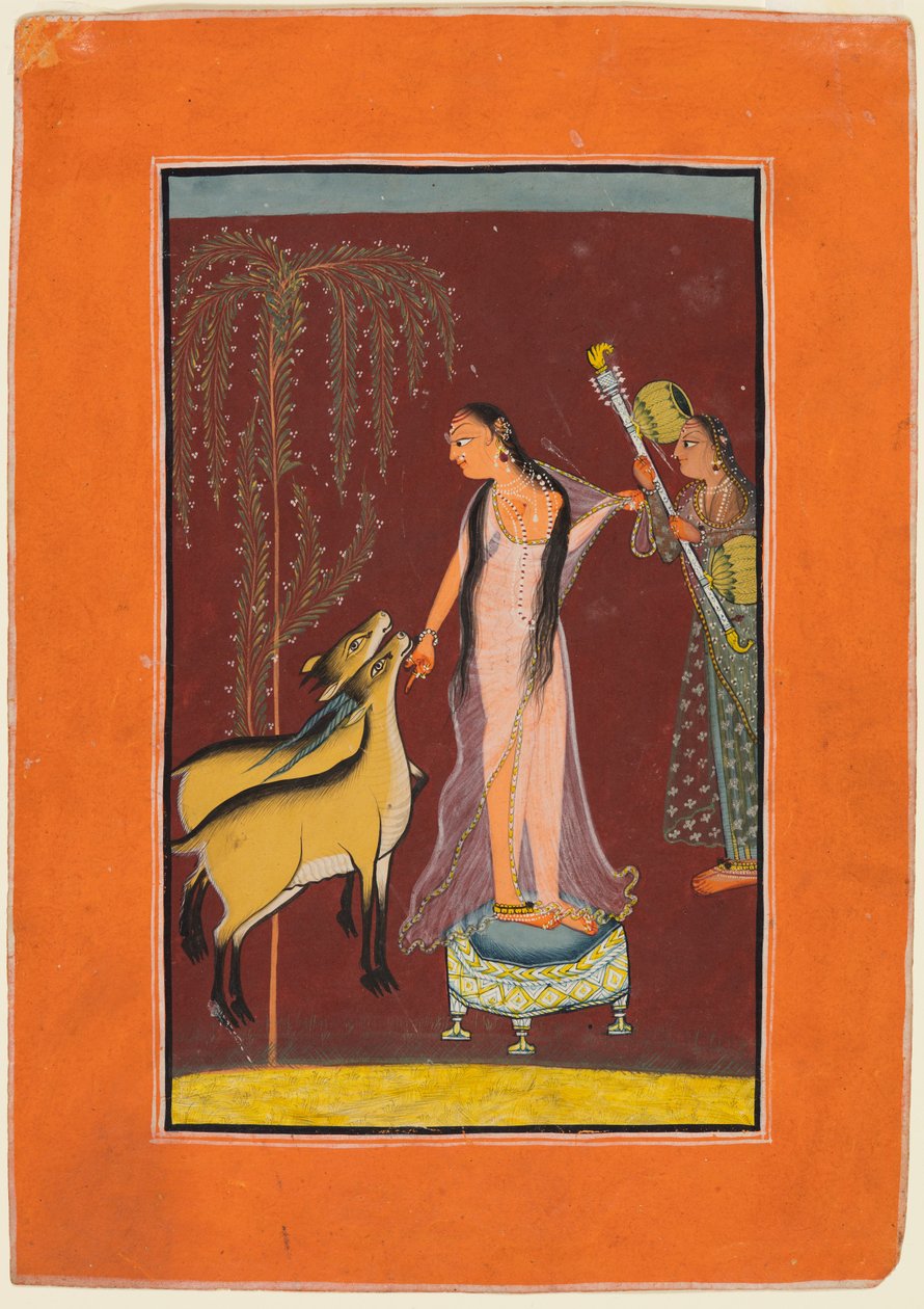 Een Dame met Begeleider en een Paar Herten, waarschijnlijk Gujari Ragini van Dipak, uit een Pahari Ragamala door Unbekannt
