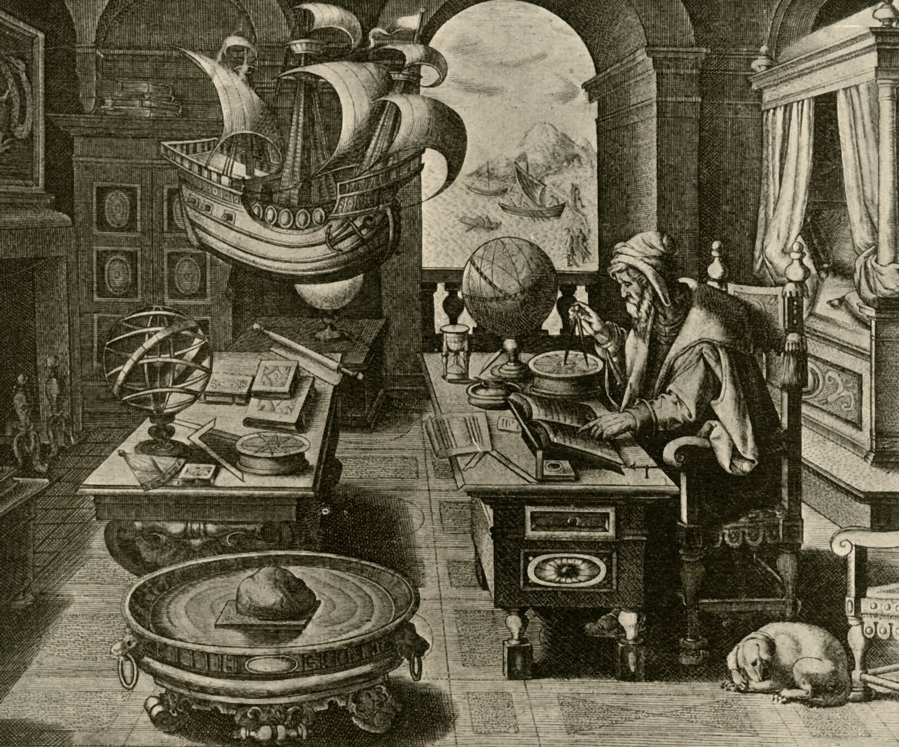 Een navigatie-expert aan het werk in zijn studeerkamer met globe en kompas, c1591, 1928 door Unbekannt