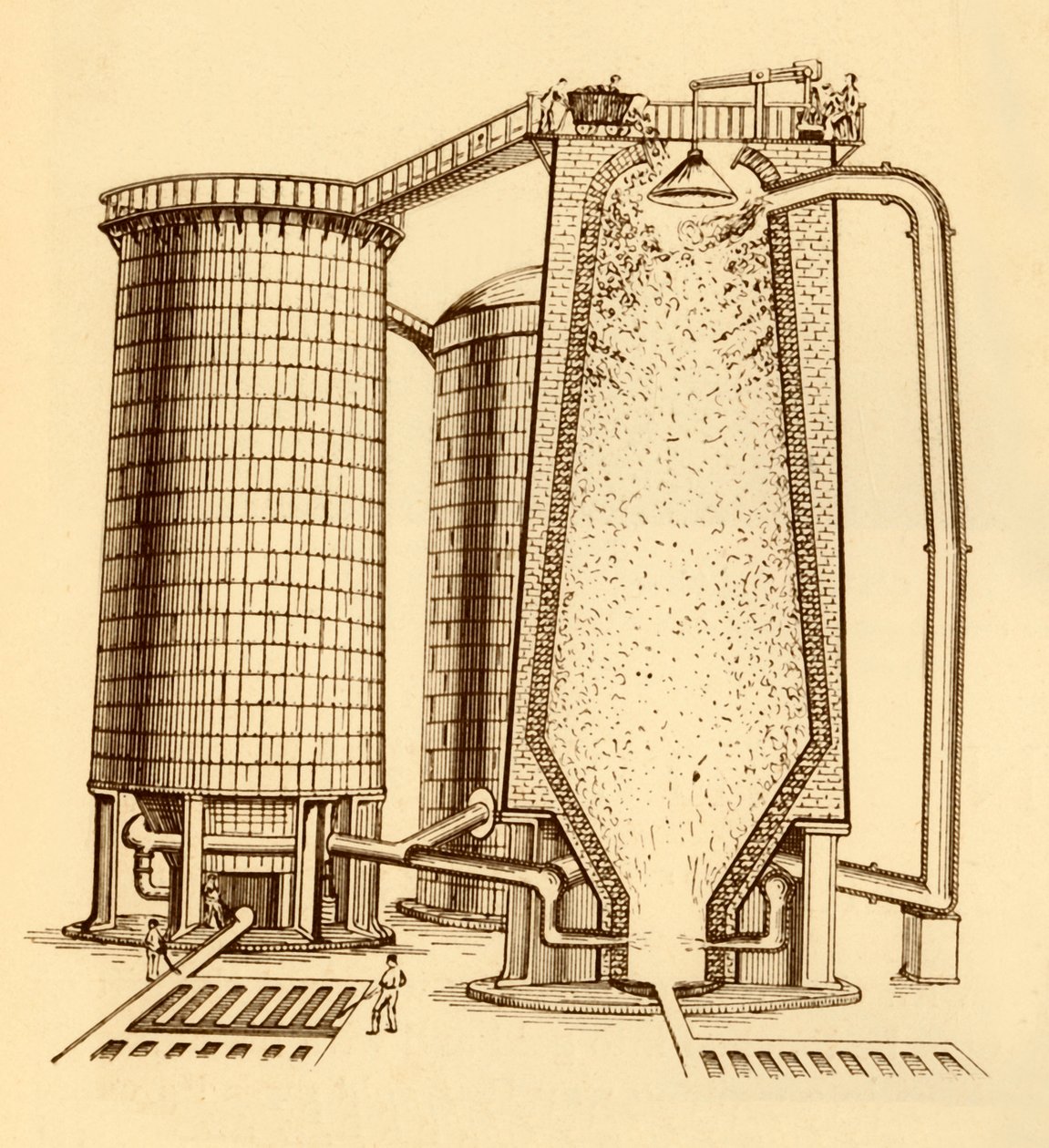 Een set moderne hoogovens in doorsnede, ca. 1930 door Unbekannt
