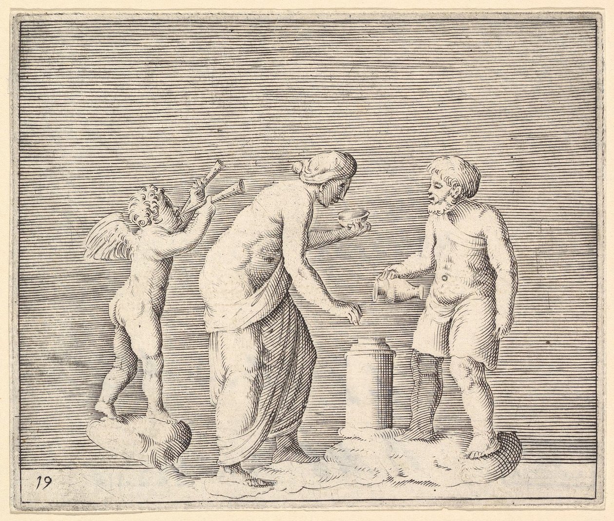Een vrouw en man die offeren in aanwezigheid van Cupido, gepubliceerd ca. 1599-1622 door Unbekannt