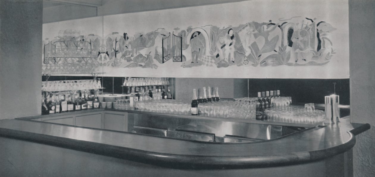 Een cocktailbar muurschildering in gesneden en geëmailleerd linoleum in het Berkeley Hotel, Montreal, 1942 door Unbekannt
