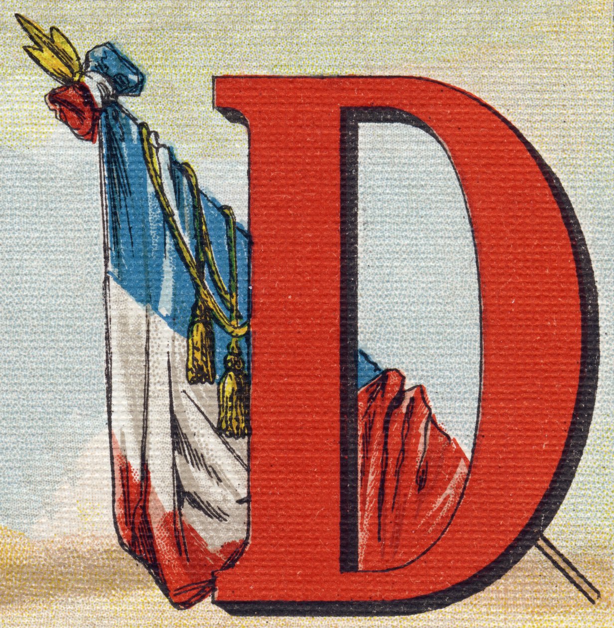 Een vlag. Gravure in "Alphabet de ma petite fille". Bernardin-Bechet en Fils, boekverkopers-uitgevers, Parijs, rond 1895. Onbreekbaar album op canvas. Bibliotheque des Bebes. 12 pagina