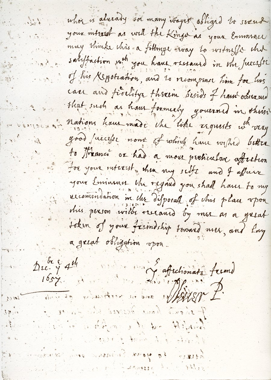 Een brief van Oliver Cromwell aan kardinaal Mazarin, 4 december 1657 door Unbekannt