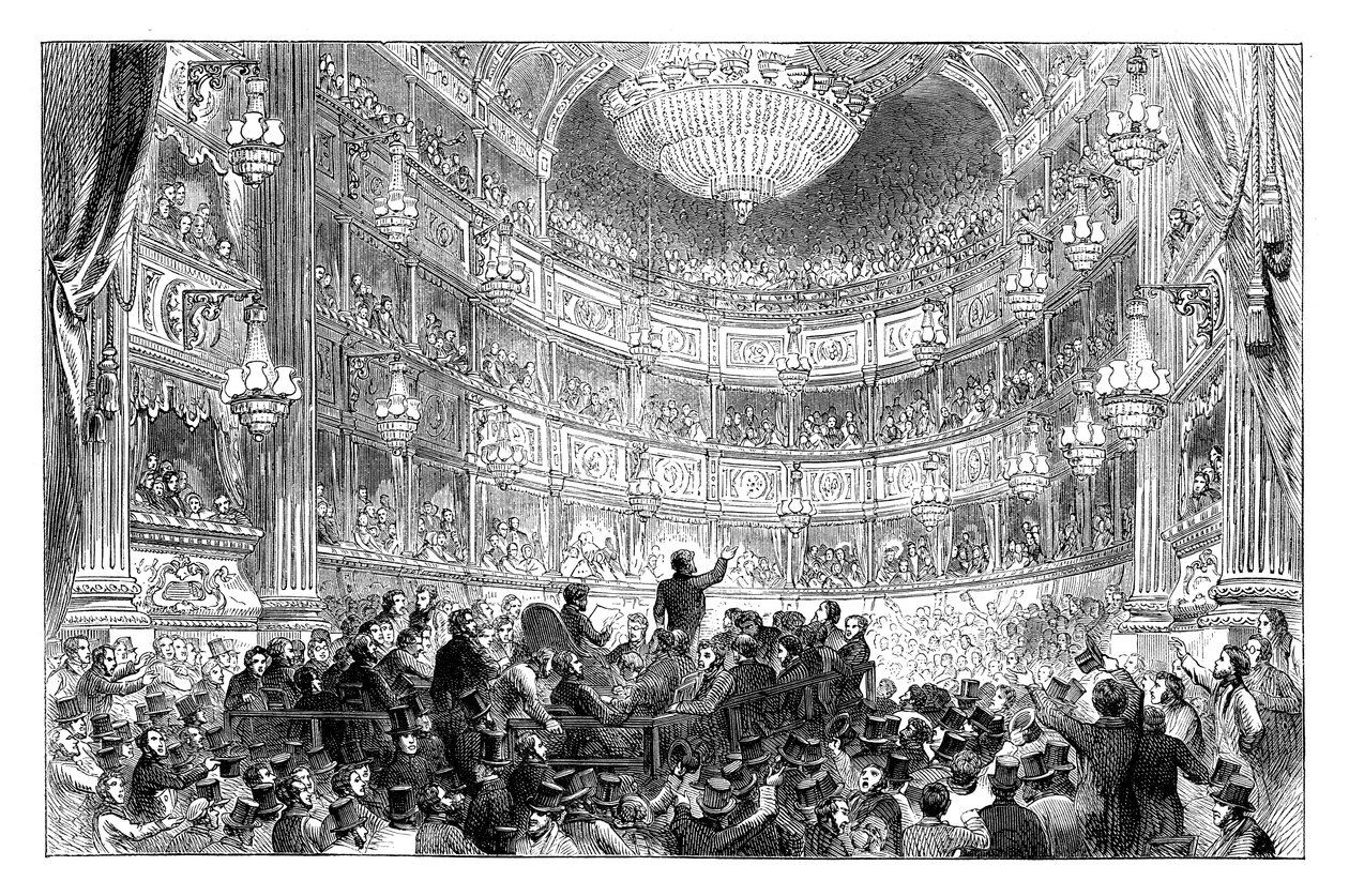 Een bijeenkomst van de Anti-Corn Law League in Drury Lane Theatre, Londen, 1838 ca. 1895 door Unbekannt
