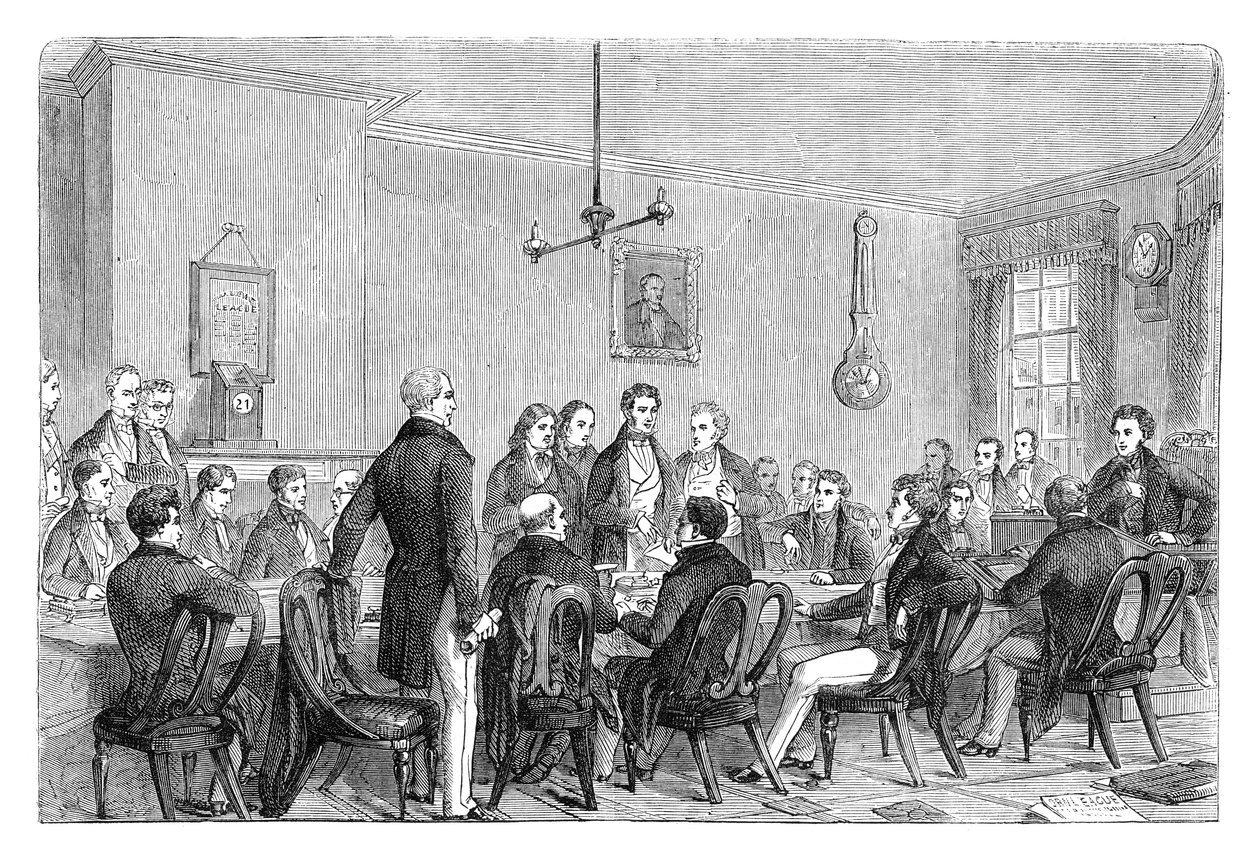 Een bijeenkomst van de Anti-Corn Law League in Newalls Building, Manchester, 1838 door Unbekannt