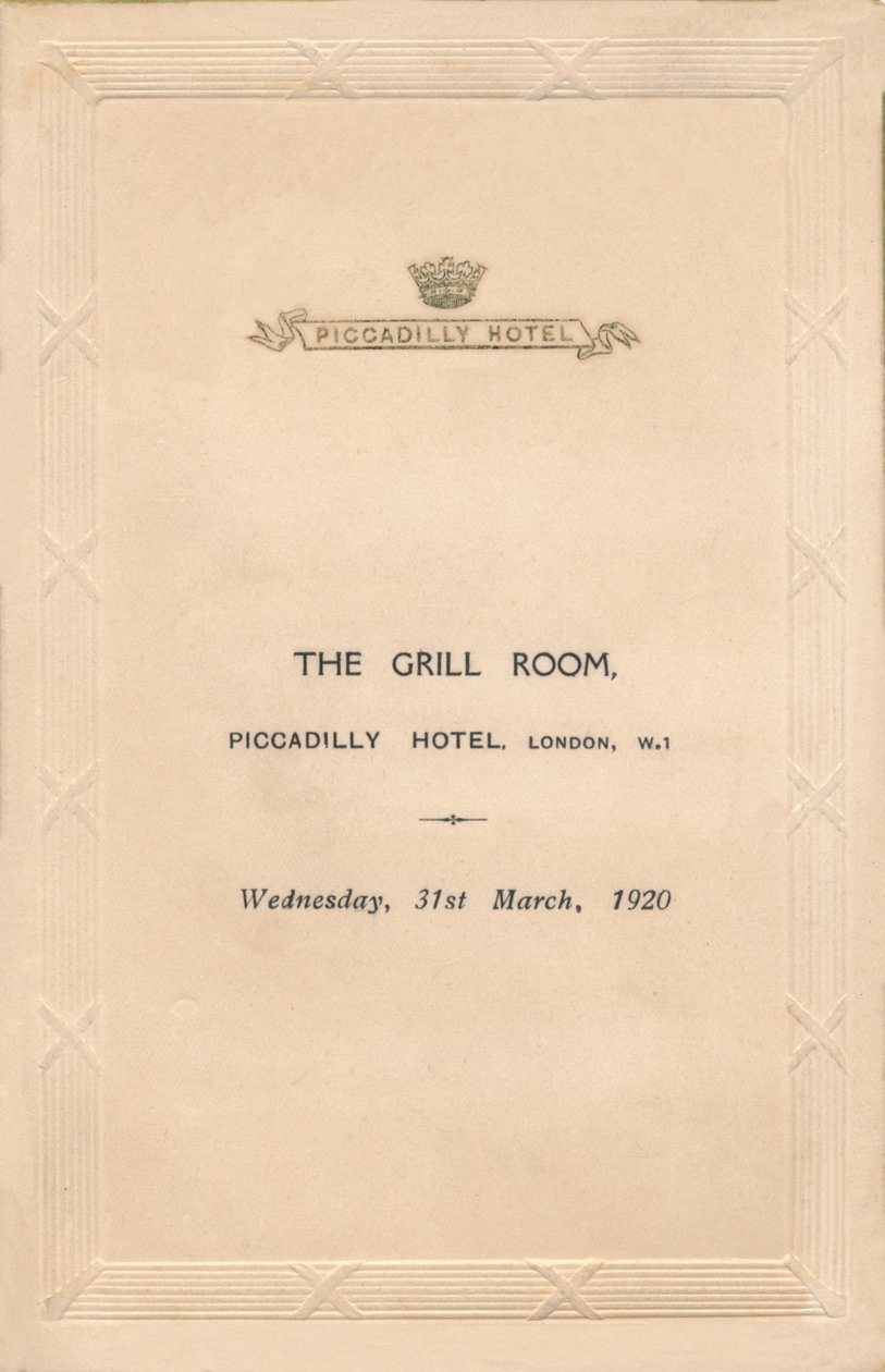 Een menu voor The Grill Room van het Piccadilly Hotel, Londen, 1920 door Unbekannt
