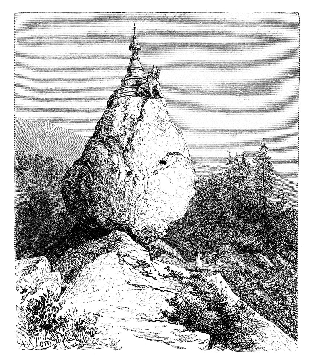 Een pagode bovenop een rots, 1895 door Unbekannt