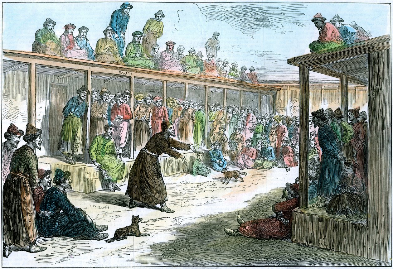 Een professionele verhalenverteller in Kashgar, Xinjiang, China, ca. 1875 door Unbekannt