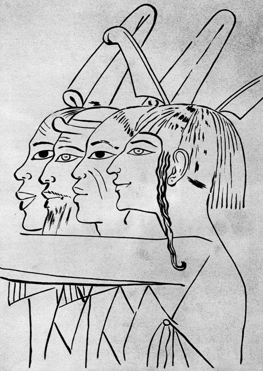 Een schets van Afrikaanse en Aziatische mannen uit het graf van Koning Seti I, Thebe, Egypte, 1936 door Unbekannt