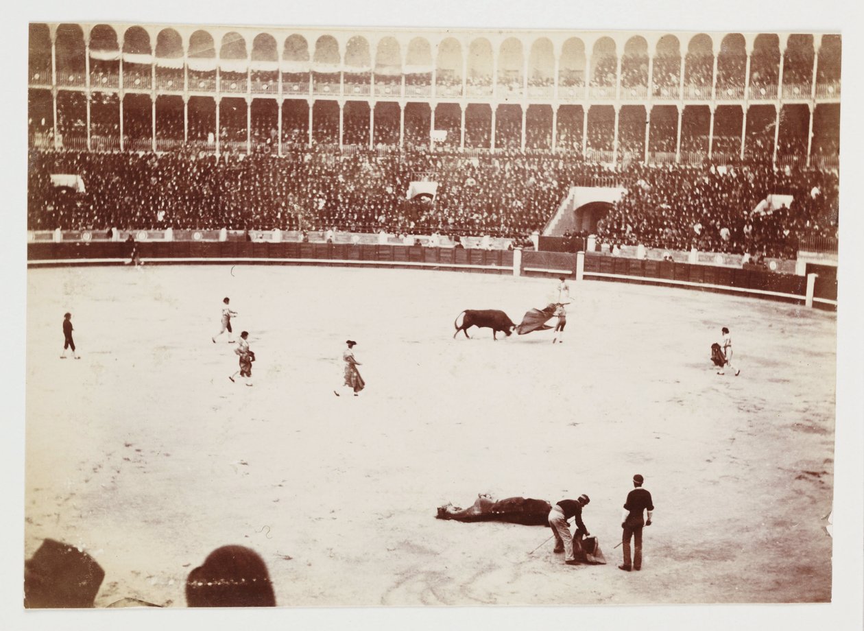 Een momentopname van een stierengevecht voor een groot publiek in de Las Ventas del Espiritu Santo arena, Madrid, genomen door een onbekende fotograaf rond 1930 door Unbekannt