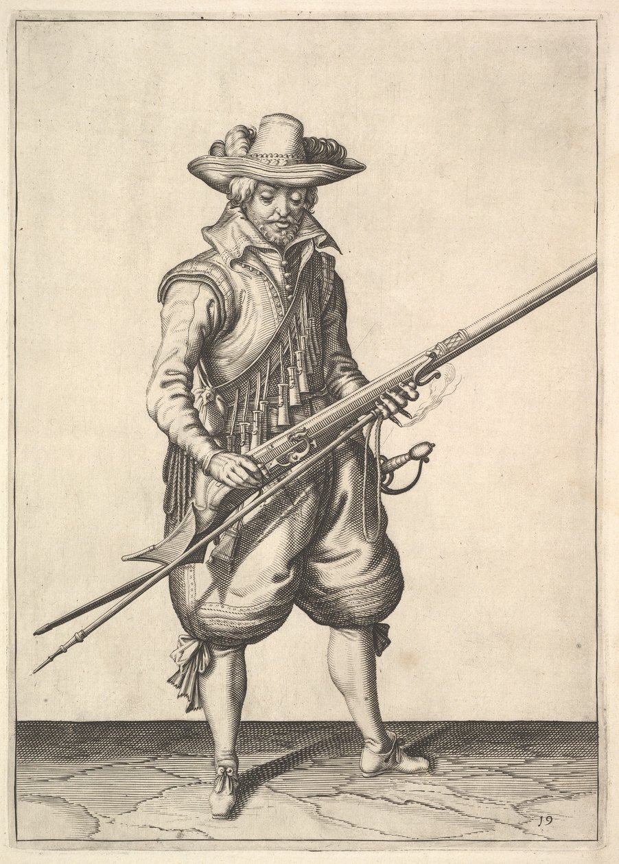 Een soldaat die het kruit van de bovenkant van de pan schudt, uit de Musketiers-serie, plaat 19 door Unbekannt