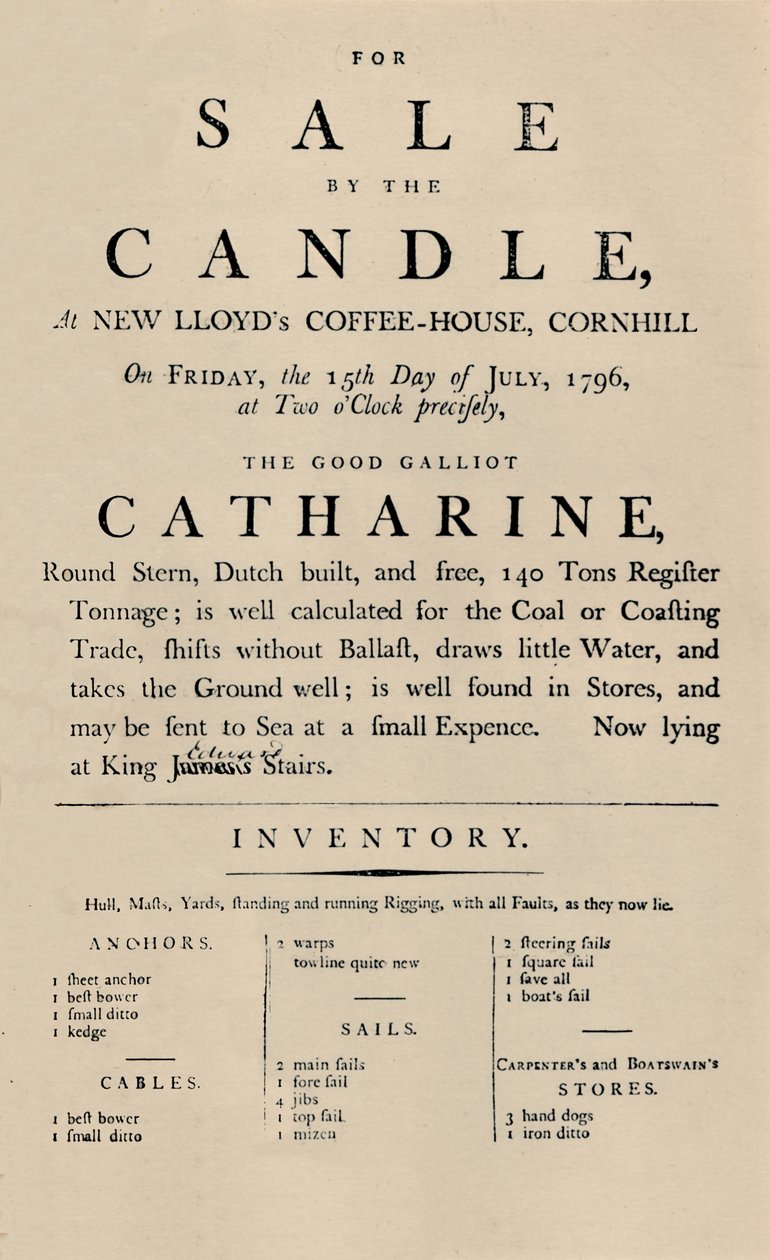 Advertentie van Verkoop bij Kaarslicht bij Lloyds, 1796 door Unbekannt