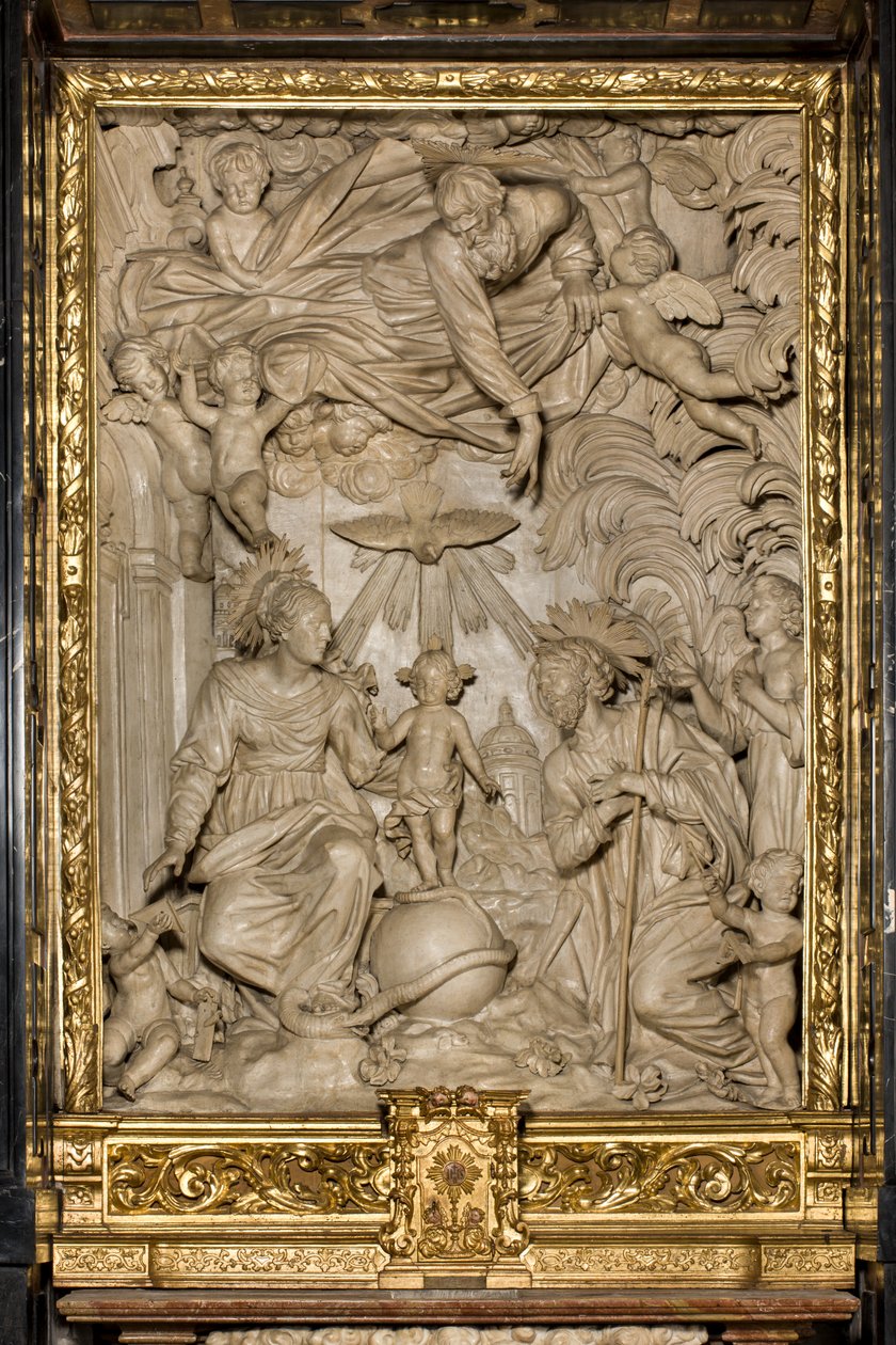Altaar van St. Joseph of Altaar van de Heilige Familie, Hoog reliëf, Giacomo Bertesi 1668, Kathedraal van Santa Maria Assunta, Kathedraal, Cremona, Lombardije, Italië (foto) door Unbekannt