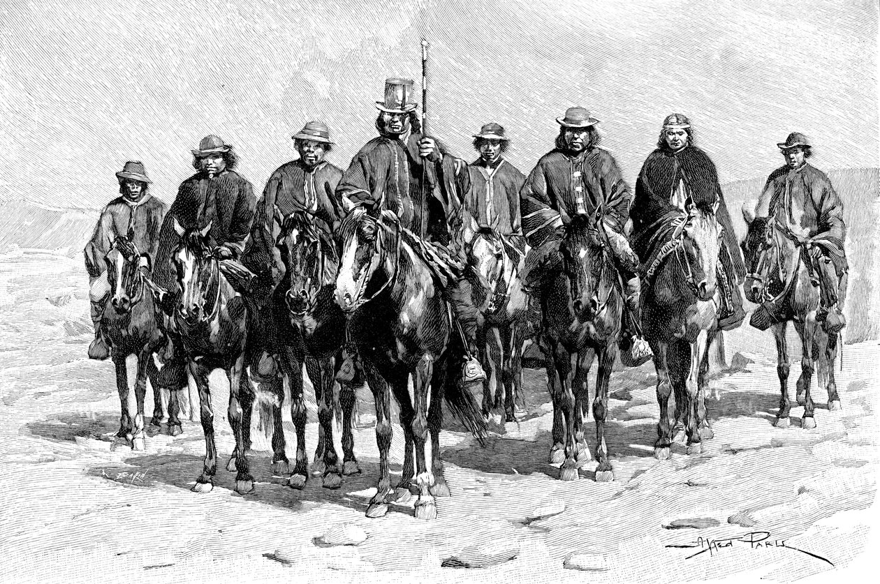 Een Araucaanse Mapuche-hoofdman en zijn staf, Chili-Argentinië door Unbekannt