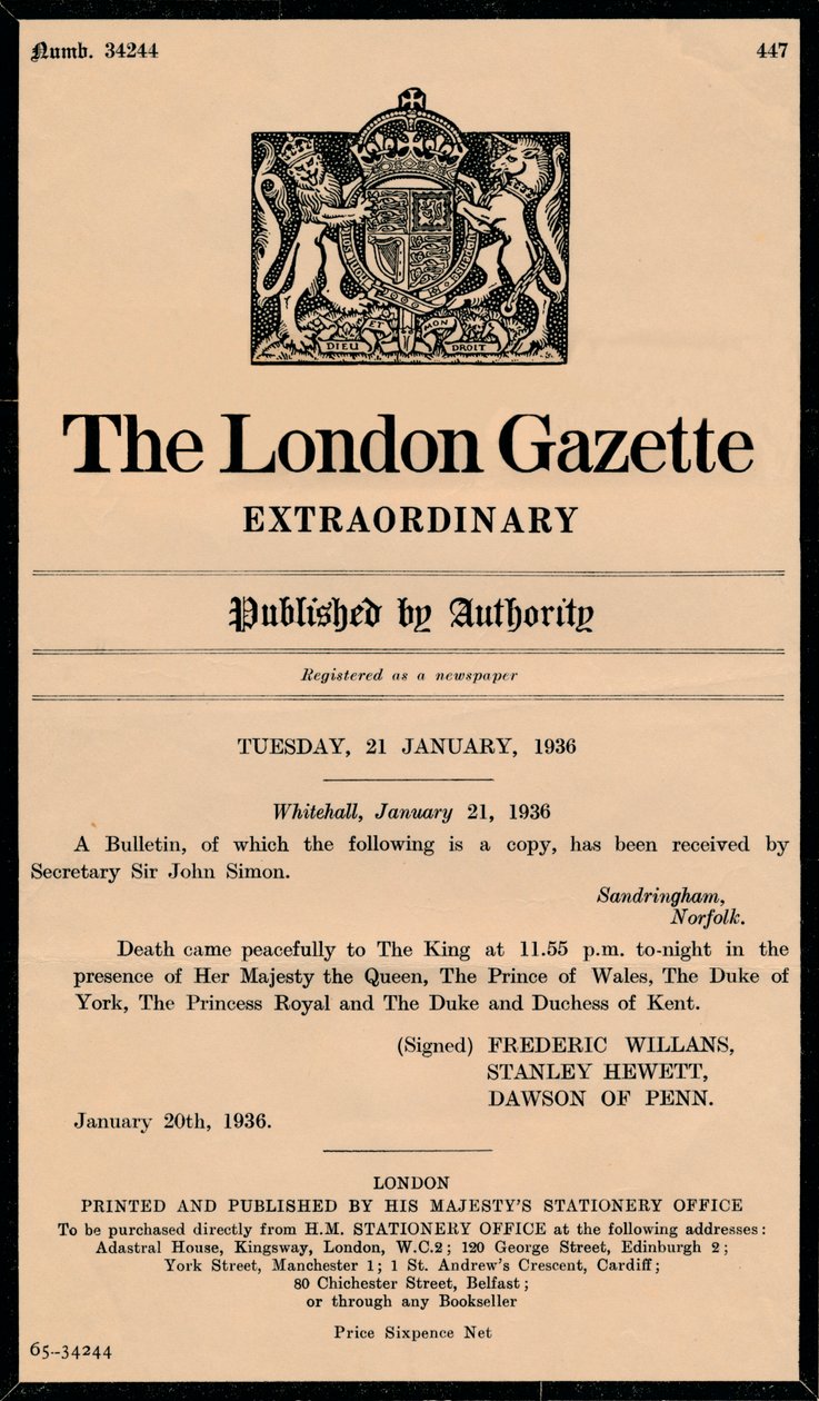 Een buitengewoon bulletin van The London Gazette waarin het overlijden van koning George V wordt aangekondigd, 1865-1936 door Unbekannt