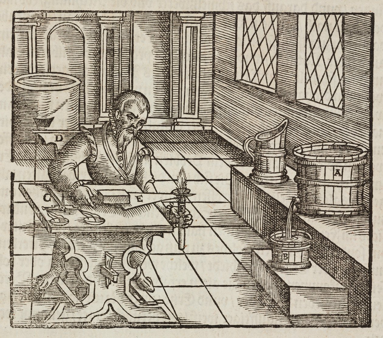 Analyse van salpeter, gebruikt in buskruit en voor het conserveren van vlees - Gravure uit Beschrijving van mineralen en de belangrijkste mijnbouwmethoden, van Lazarus Ecker door Unbekannt