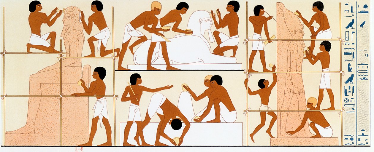Oude Egyptische beeldhouwers aan het werk aan beelden door Unbekannt