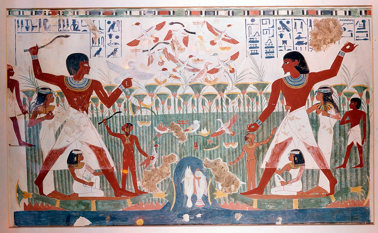 Oude Egyptenaren jagen op watervogels met werpstokken door Unbekannt