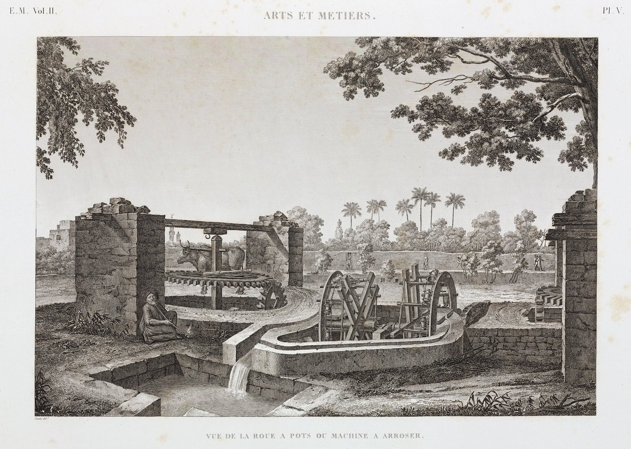 Dierkrachtwiel en emmerirrigatiesysteem, Egypte, c.1798 door Unbekannt
