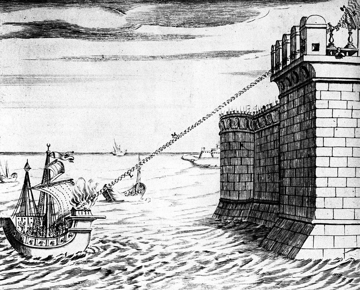 Archimedes brandspiegel, apparaat gebruikt bij het beleg van Syracuse, 215-212 v.Chr., 1642 door Unbekannt