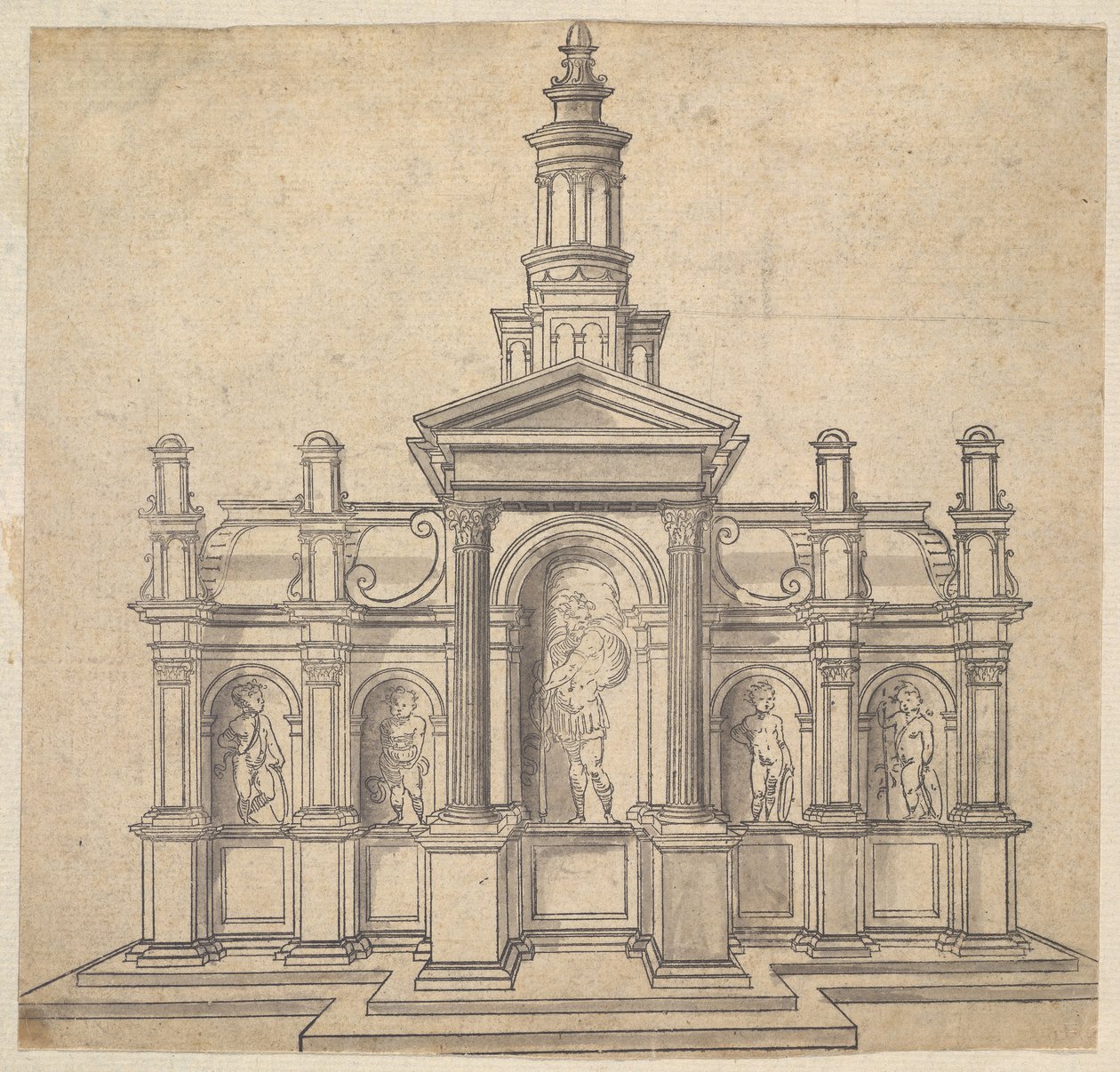 Architectonisch Vormgegeven Tabernakel met een Heilige en Vier Putti, ca. 1530-49 door Unbekannt