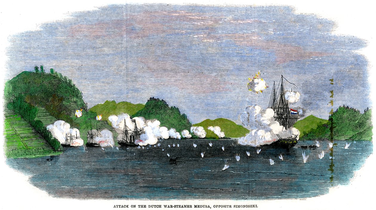 Aanval op de Nederlandse oorlogsstomer Medusa, tegenover Simonoseki, Japan, 1863 door Unbekannt