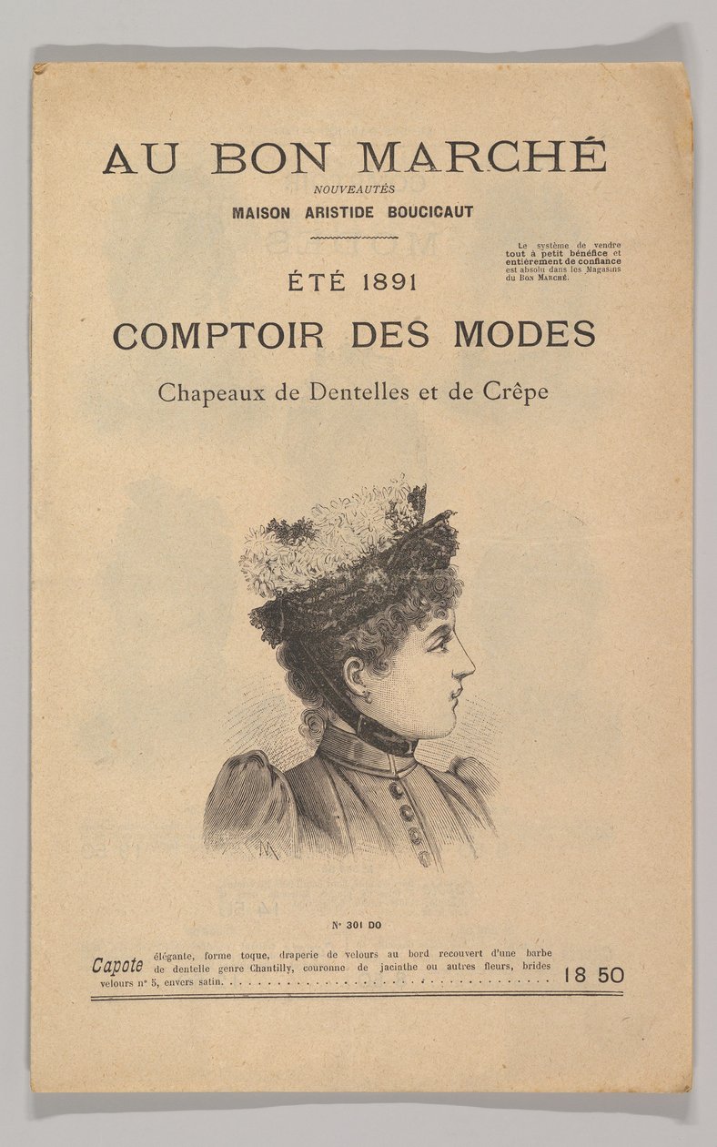 Au Bon Marché-Comptoir des Modes, Hoeden van Kant en Crêpe, Zomer 1891, 1891 door Unbekannt