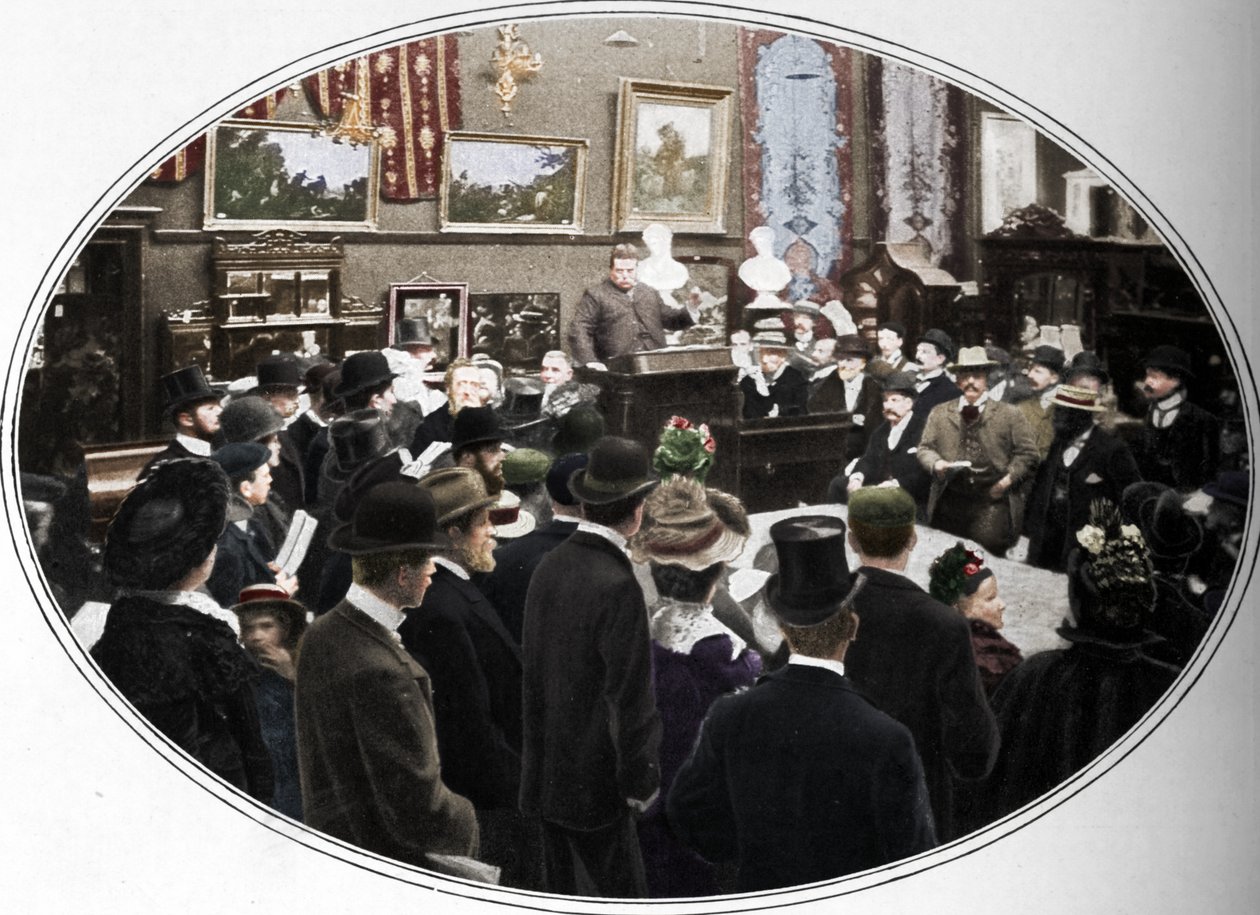 Veiling in uitvoering bij Phillips veilingmeesters, Londen, circa 1901 door Unbekannt