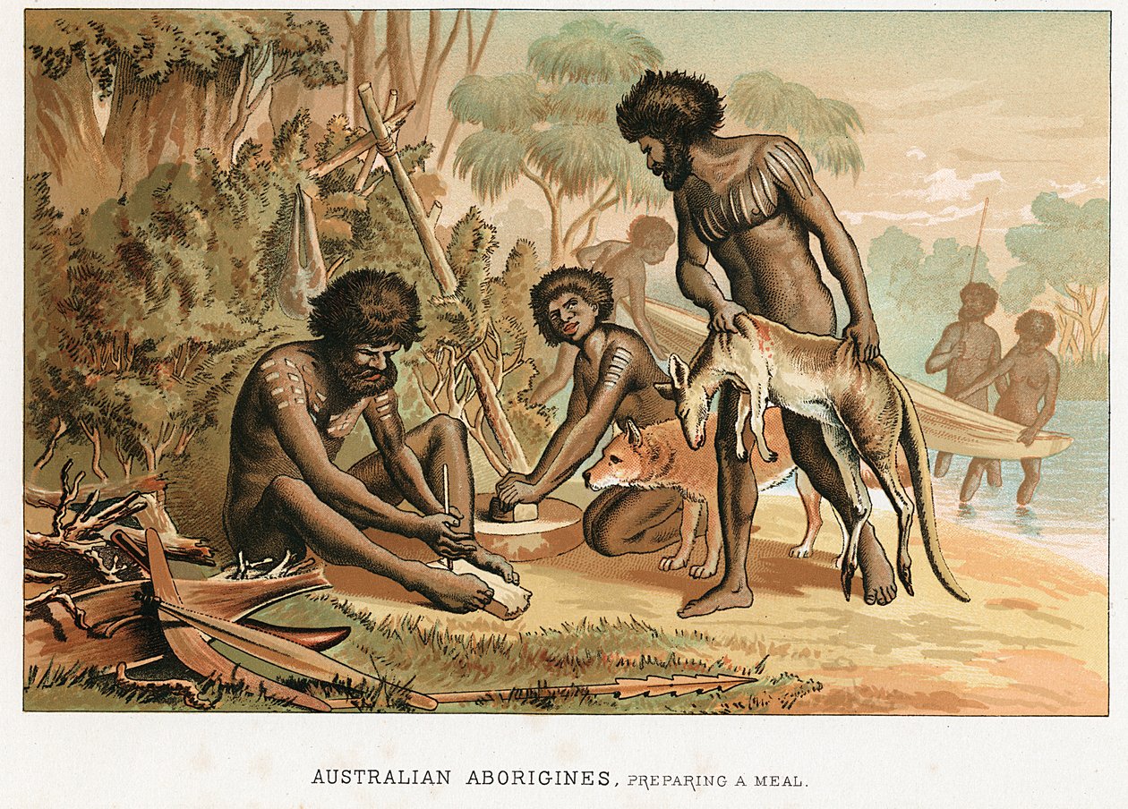 Australische inboorlingen bereiden maaltijd van een dier dat ze hebben gejaagd door Unbekannt
