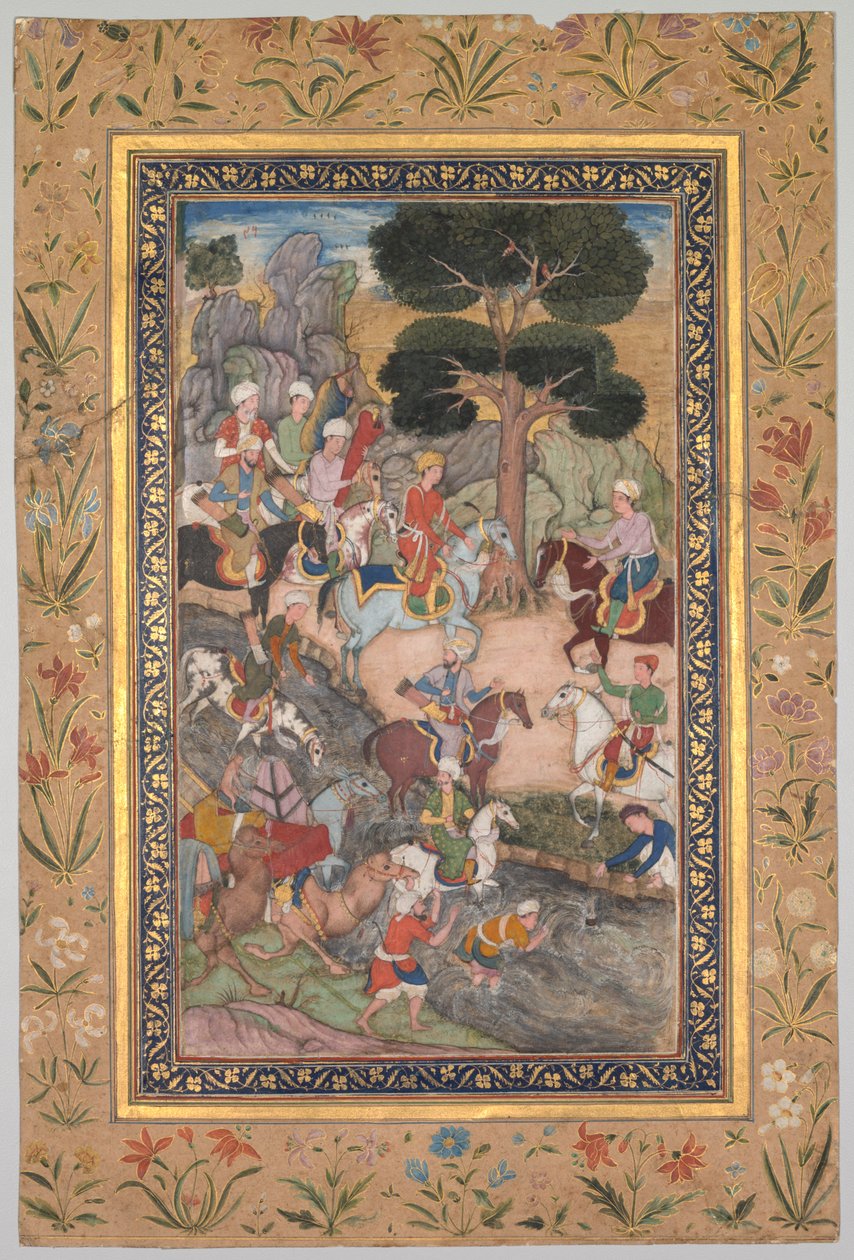 Babur ontmoet Sultan Ali Mirza bij de Kohik-rivier, uit een Babur-nama Herinneringen van Babur, ca. 159 door Unbekannt