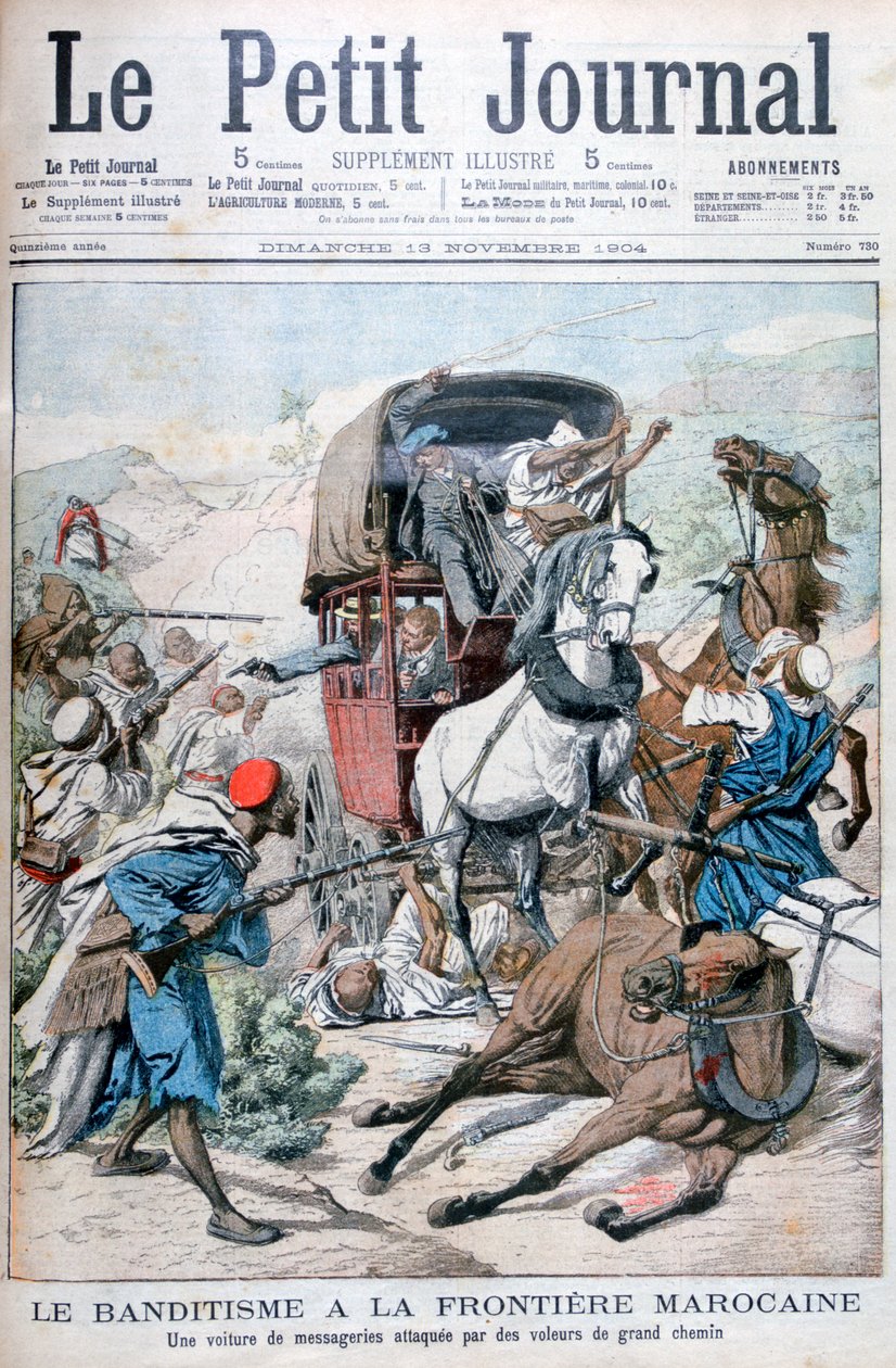 Bandieten die een postkoets aanvallen aan de Marokkaanse grens, 1904 door Unbekannt
