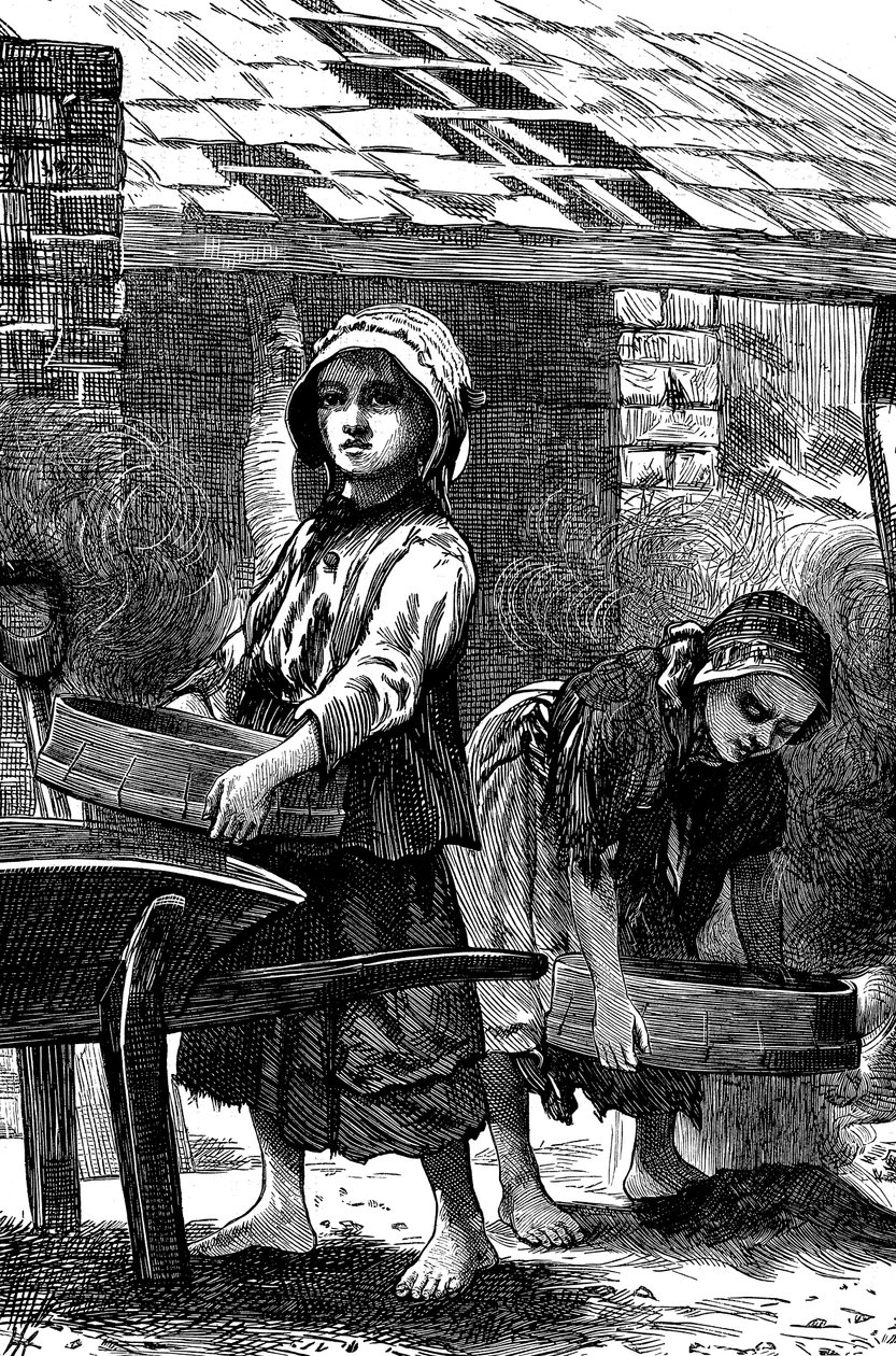 Blootsvoetse meisjes die stof zeven in een steenfabriek, 1871 door Unbekannt