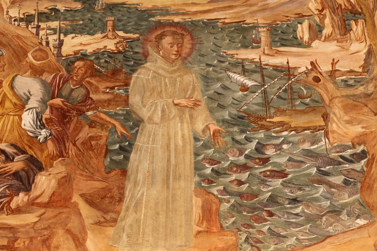 Basiliek van Santa Caterina, Galatina, Apulië Fresco in het klooster: Sint Antonius predikt tot de vissen Geschilderd door BrJoseph van Gravina in 1696, Galatina, Italië door Unbekannt