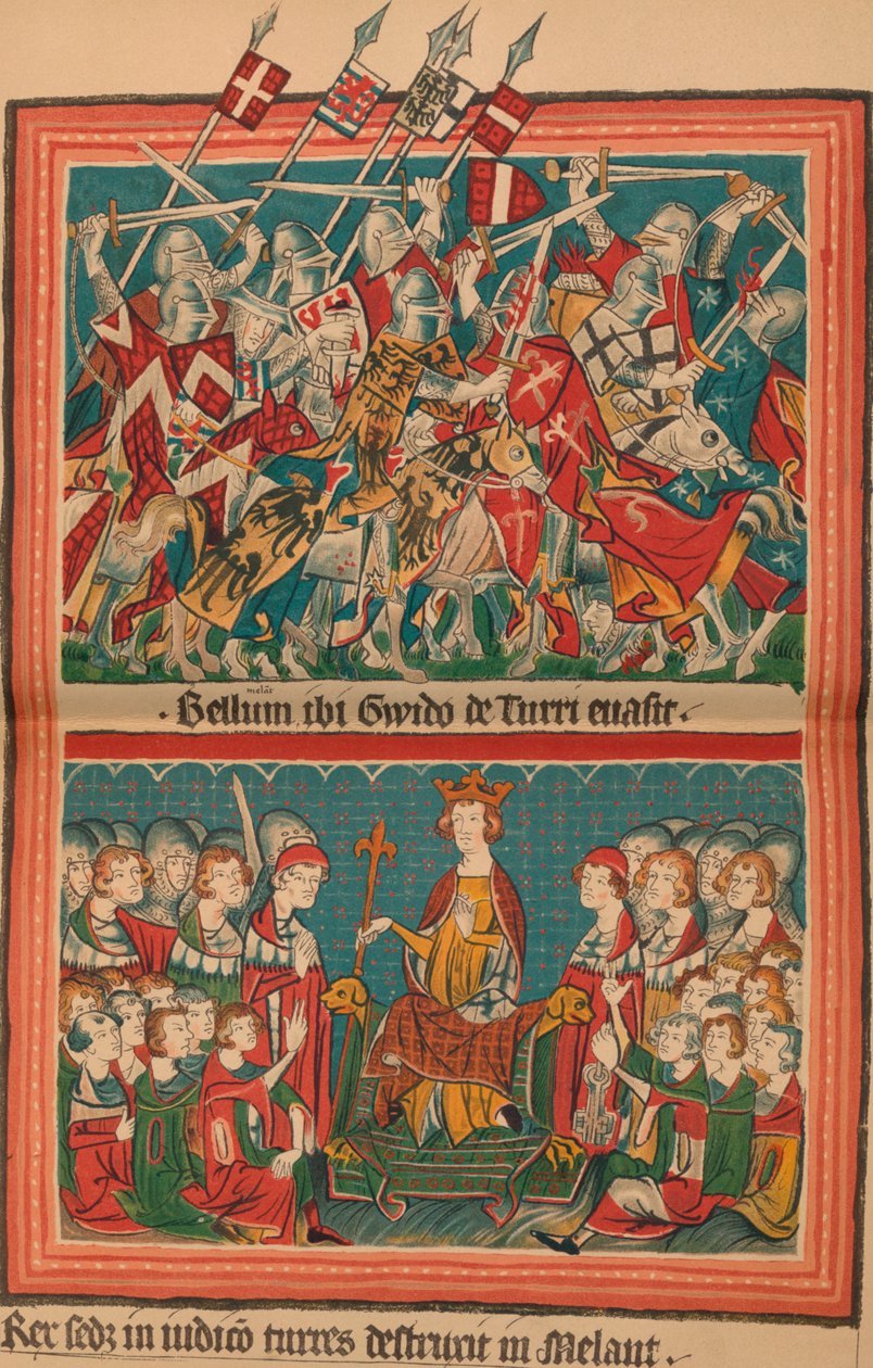 Slag en gerechtshof tijdens de mars van Hendrik VII naar Rome: Een pagina uit de Codex Balduineus door Unbekannt