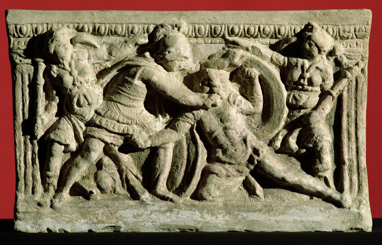 Gevechtsscène van een cineraria urn, Etruskisch (steen) door Unbekannt