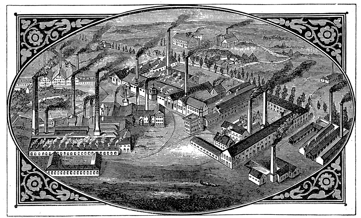 Vogelperspectief van Krupps werken, Essen, Duitsland, 1876 door Unbekannt