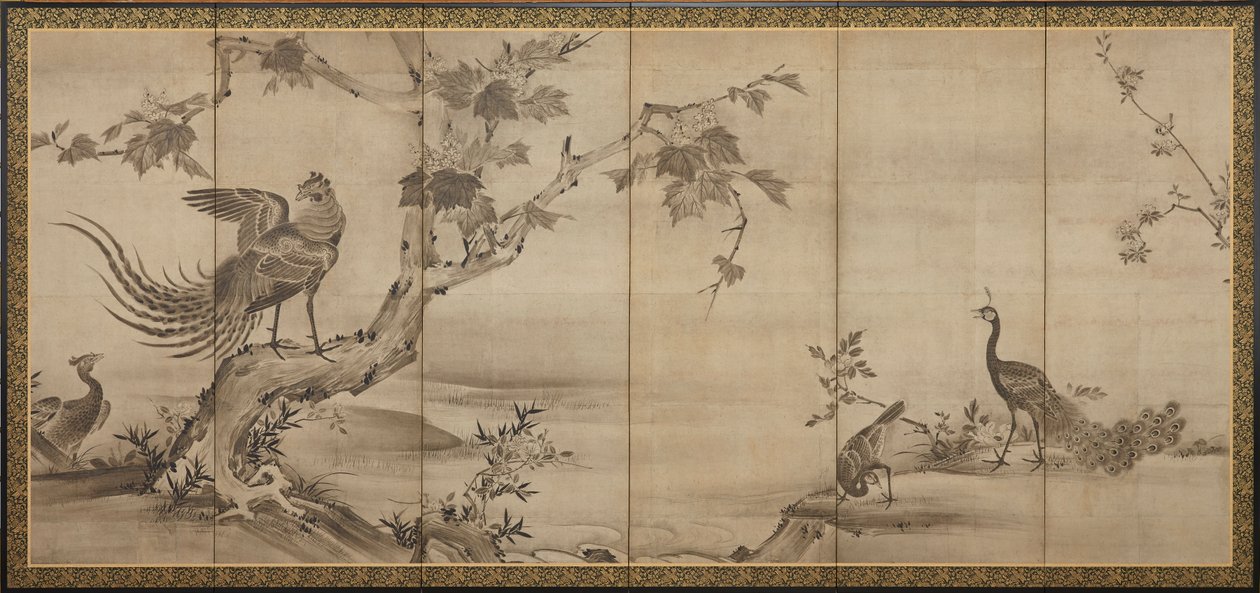 Vogels, bloemen en bomen: op de achterkant, bamboebomen, Momoyama-periode, 1568-1615 door Unbekannt