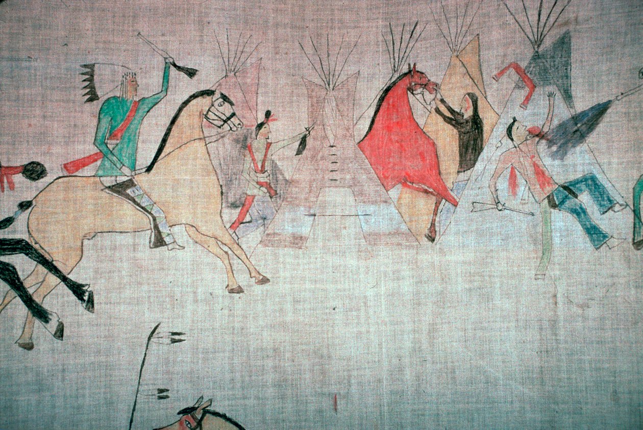 Blackfoot Native American tipi voering met een aanval op een kamp door Unbekannt