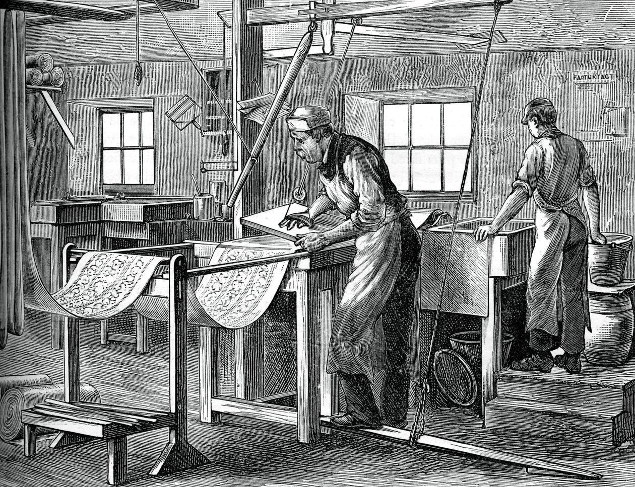 Blokdrukkers aan het werk, ca. 1880 door Unbekannt