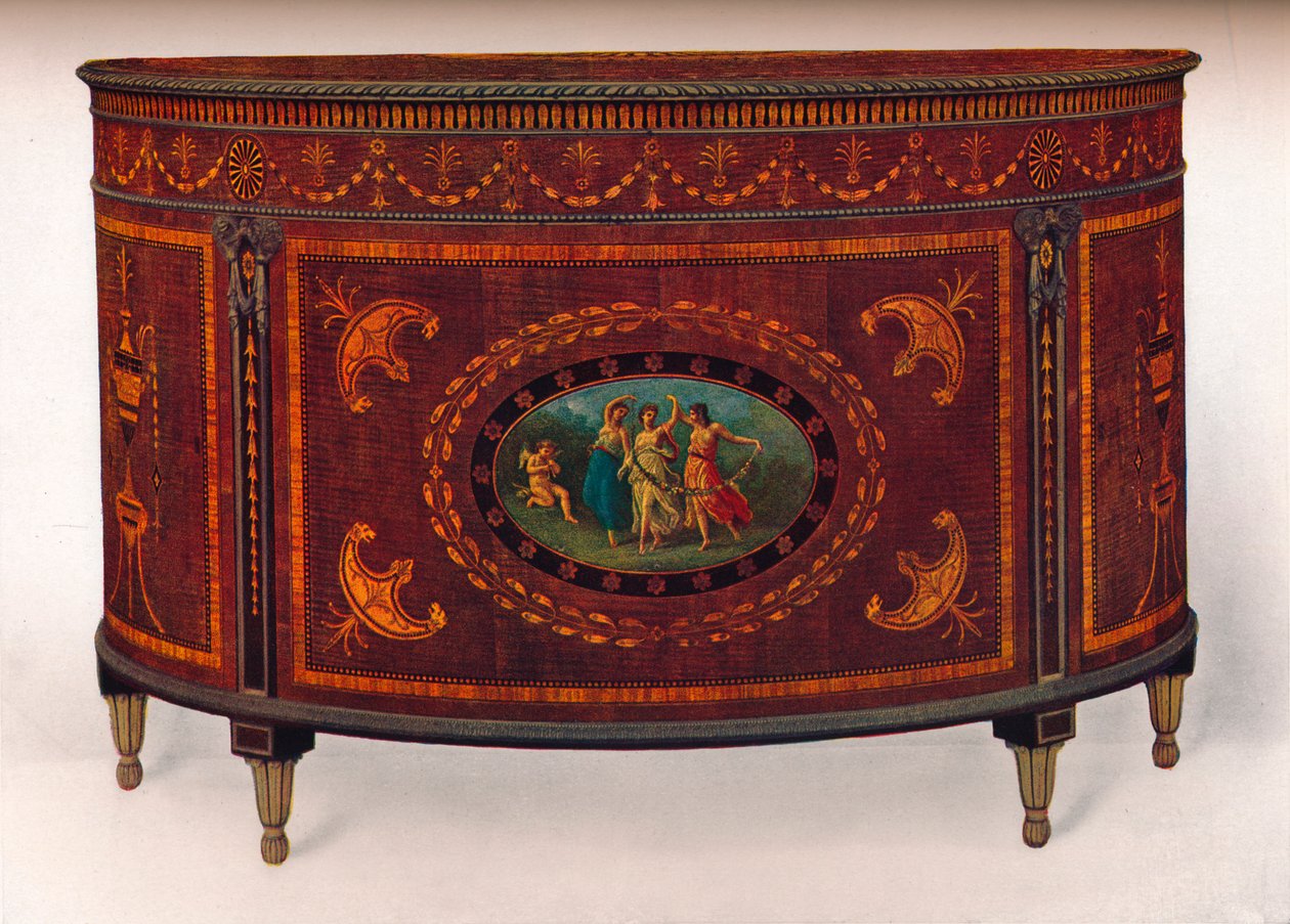 Boogvormige Commode, met Metalen Lijsten en Koppen, gefineerd en ingelegd met gekleurd hout, ca. door Unbekannt