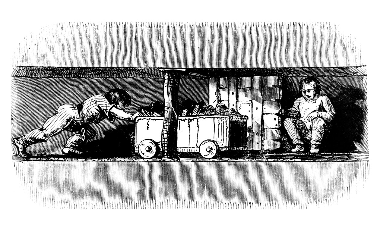 Jongen duwt een wagen vol kolen van het kolenfront naar de bodem van de schacht, c1848 door Unbekannt