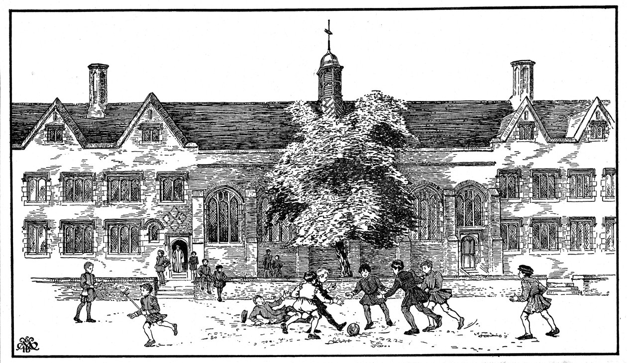 Jongens in Tudor-tijd die voetbal spelen op Berkhamsted Grammar School, Hertfordshire door Unbekannt