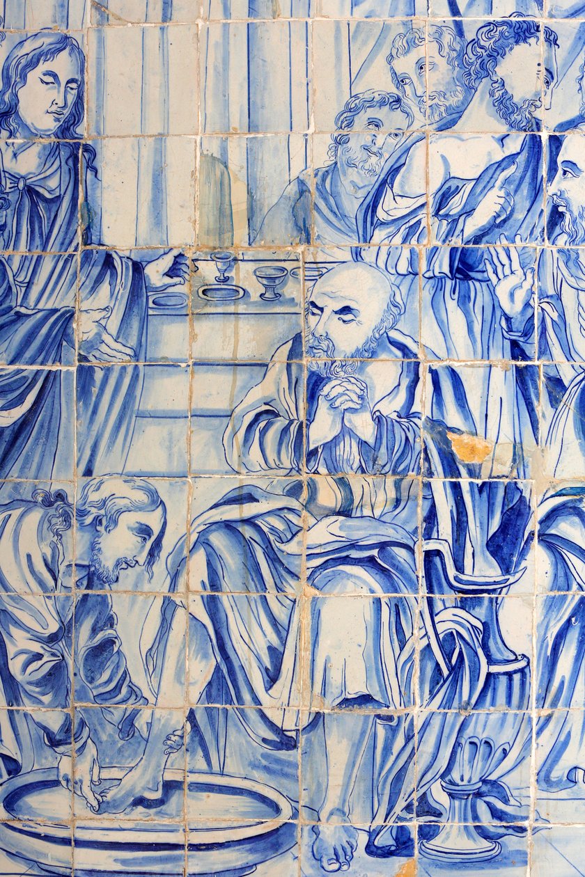 Brazilië, Bahia, Salvador: Azulejo in Bonfim kerk: Jezus wast de voeten van een discipel door Unbekannt