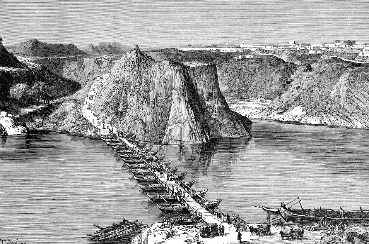 Brug van boten over de Indus bij Khushalgarh, Pakistan, 1895 door Unbekannt