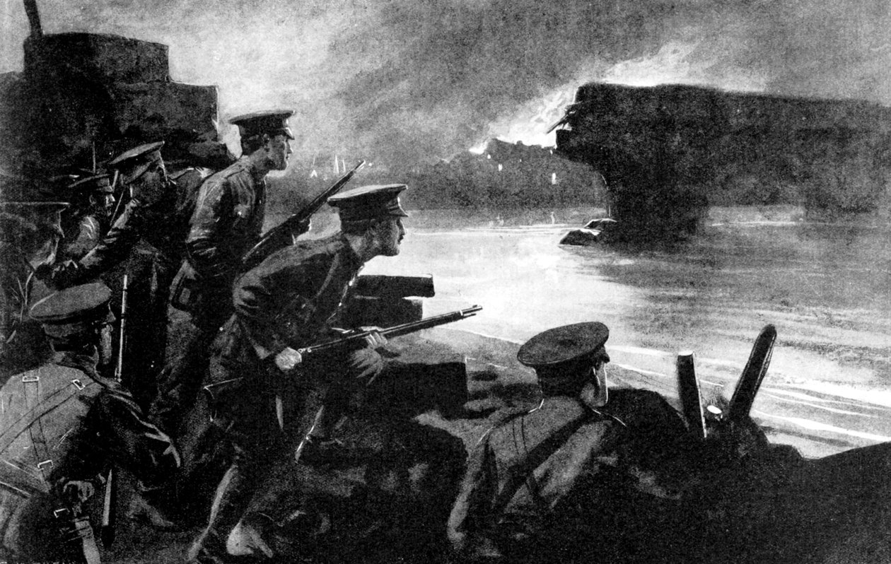 Britse troepen aan de rivieroever voorbereid op Duitse opmars, België, Eerste Wereldoorlog, 1914 door Unbekannt